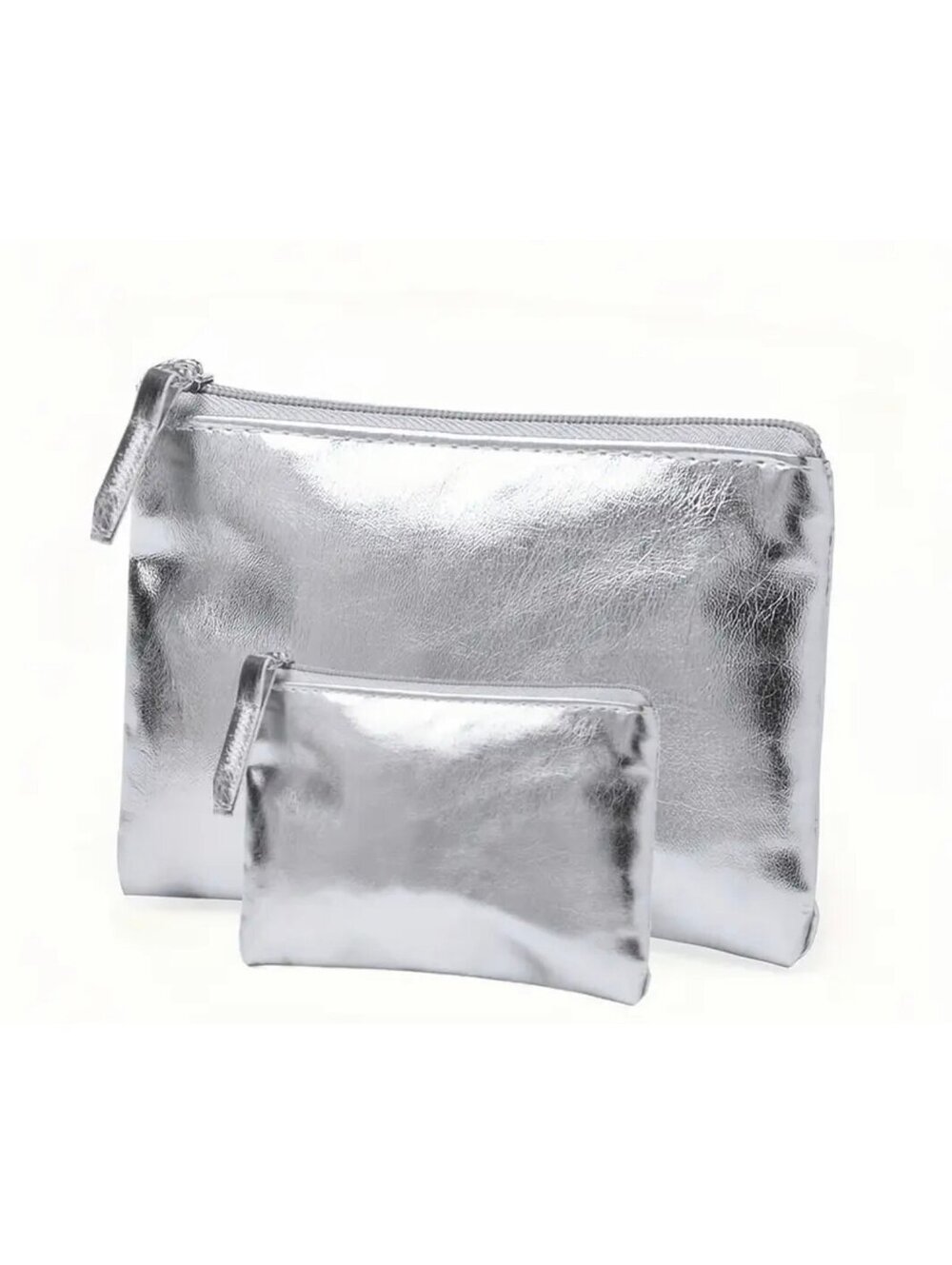 New - Chic - 2Pcs Silver Metallic Cosmetic /Accessories Bag Set